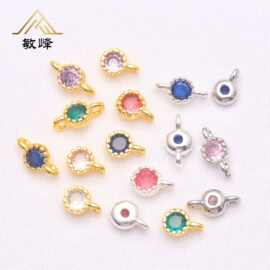 14K金色保色微镶彩钻锆石单双吊圆型齿轮配件diy手链耳饰连接材料