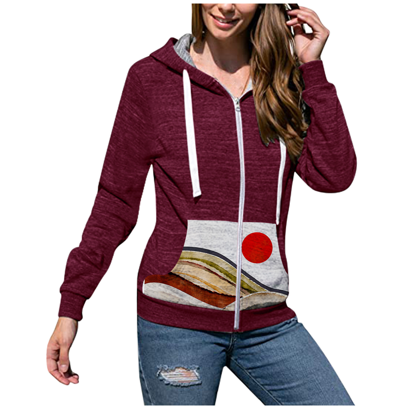 新款亚马逊wish爆款时尚印花拼接修身连帽开衫欧美卫衣女