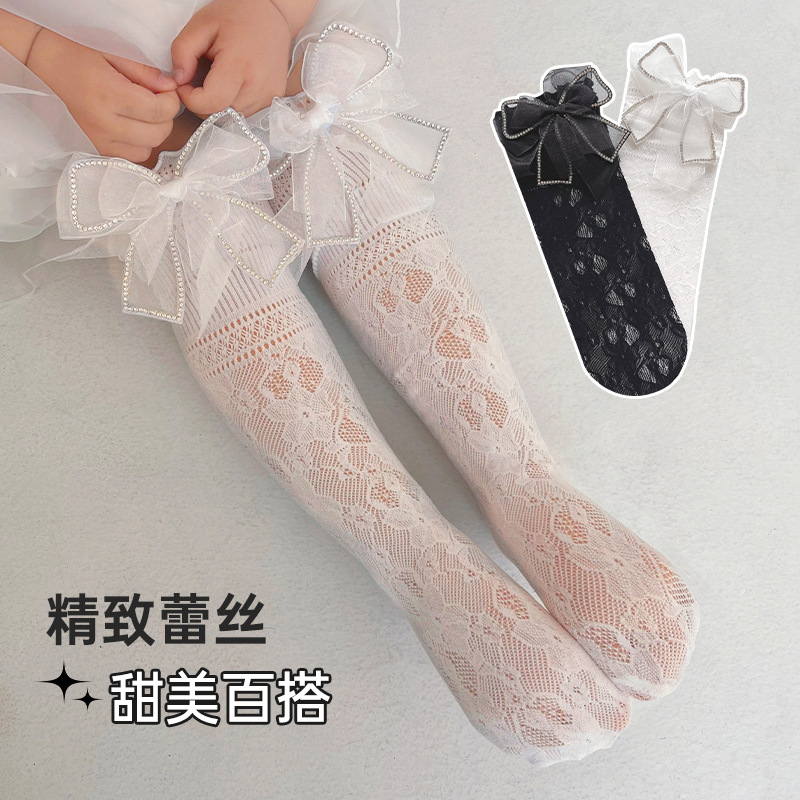 dw701 烫钻洛丽塔儿童袜镂空小腿袜子女童少女日系蕾丝花边中筒袜