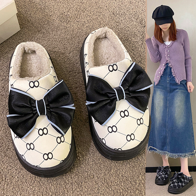 Poop Feeling Thick-Soled Cotton Slippers Female Winter Home Indoor Girl Fleece-lined Warm Bow Princess Fluffy Slippers