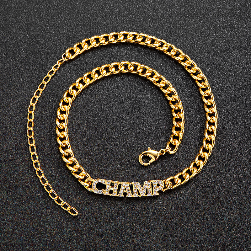 新款个性字母拼接champ镶钻古巴链潮人古巴链项链简约锁骨链代发