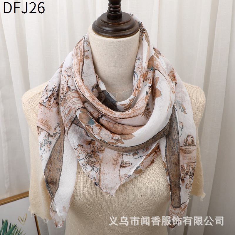 Spring, Autumn and Winter Thin Cotton and Linen Square Scarf 90x90 Printed Scarf Sun Block and Dustproof Headcloth Hui Ethnic Style Veil
