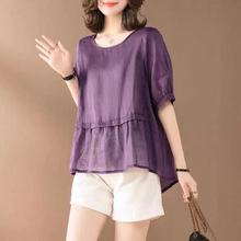 紫色半袖棉麻t恤女亚麻薄款短款上衣2023年夏季新款韩版大码宽松