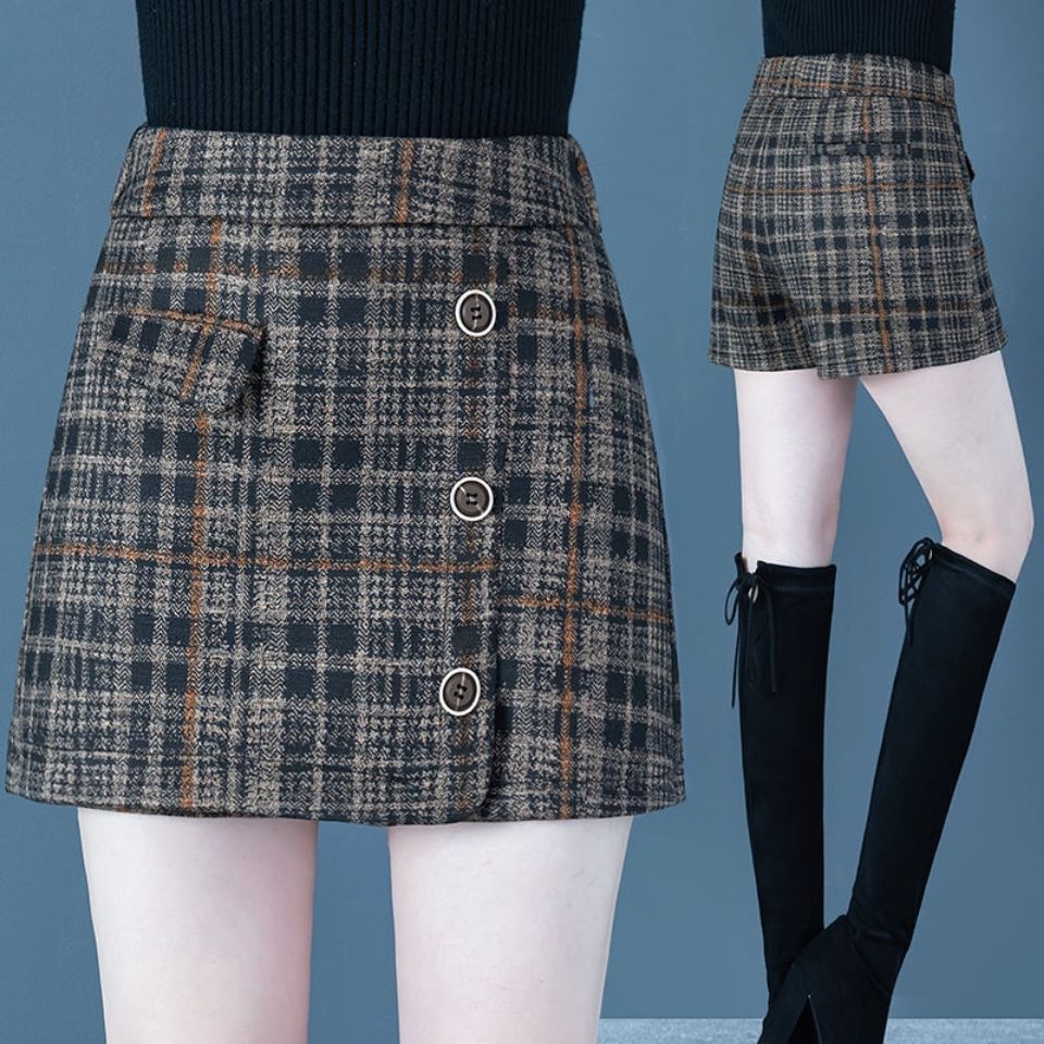 毛呢格子裤裙女2021秋冬新款复古高腰阔腿a字短裤外穿假两件裙裤