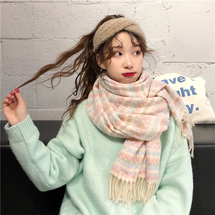 Korean Style Scarf Women's Autumn and Winter Japanese Style Retro Soft Girl Soft All-Match Rainbow Plaid Student Knitted Scarf Ins