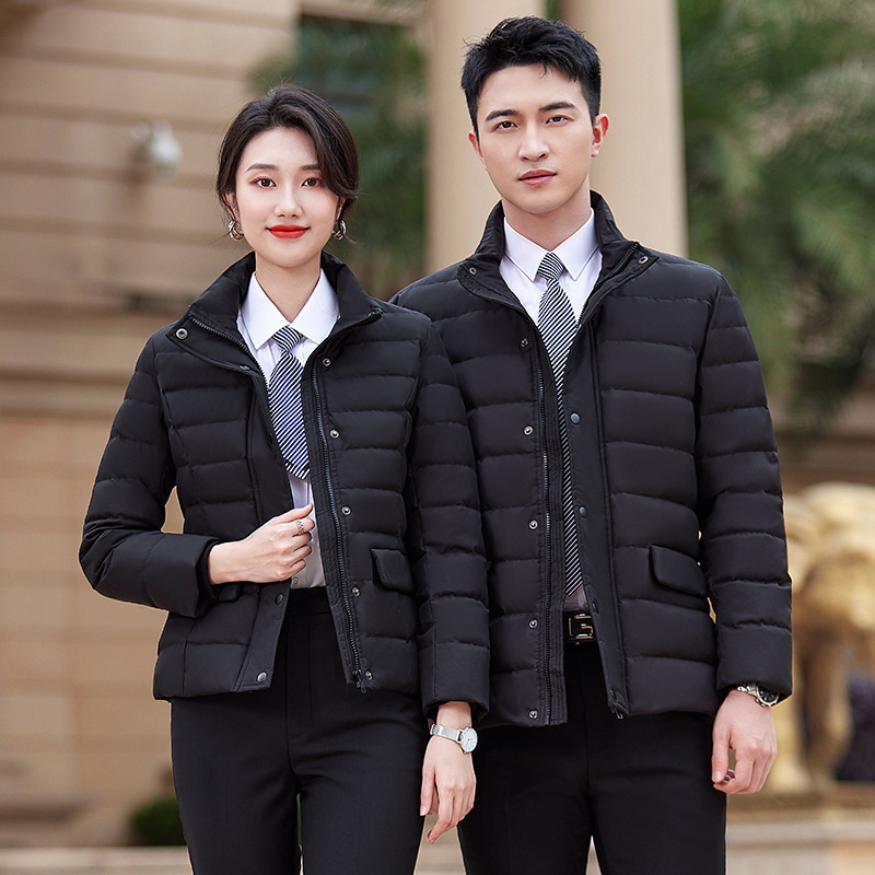 黑色羽绒服鸭绒棉服男女职业装工装银行公务员工作服短款棉衣外套