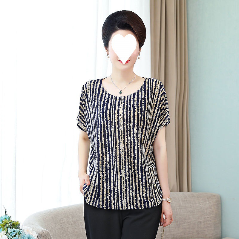 Middle-Aged and Elderly New Short-Sleeved T-shirt plus and Extra Size Mom Wear Summer 100.00kg Loose 2023 Grandma's Clothes Batwing Sleeve