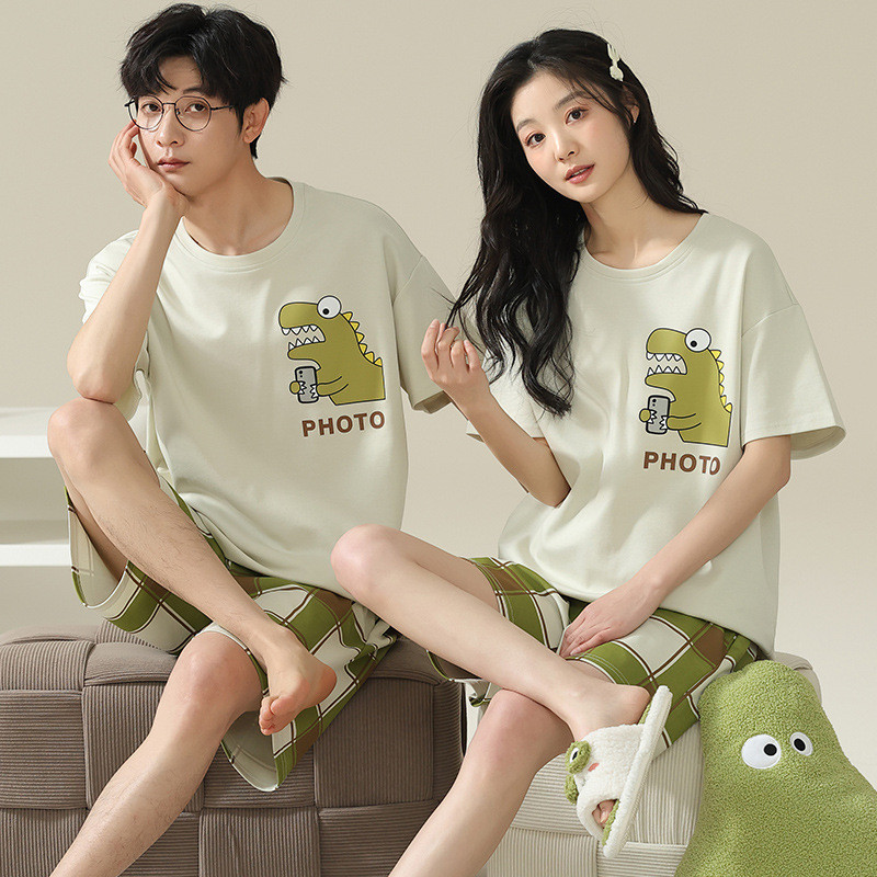 纯棉情侣睡衣夏季新款女可爱卡通可外穿男款套装夏天家居服可外穿