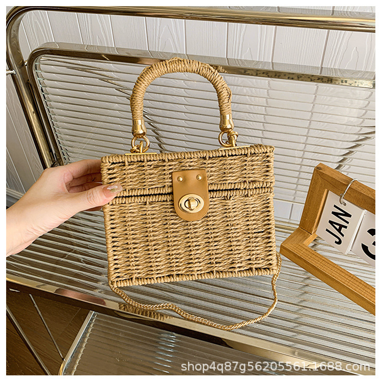 跨境草绳编织包新款斜挎手拎两用女包日韩小方包盒子包度假沙滩包