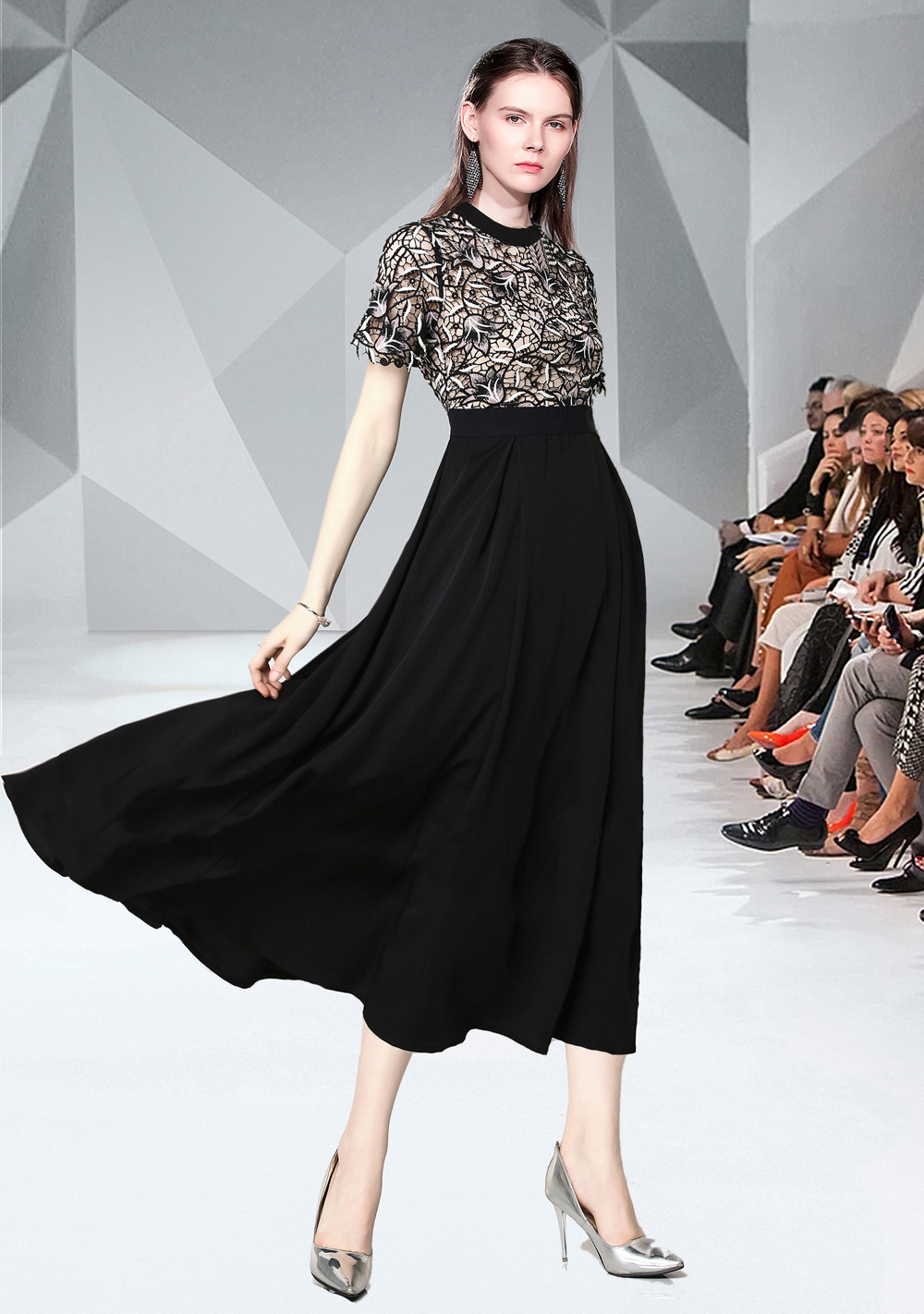 现货9371#欧洲站走秀款新蕾丝拼接连衣裙 名媛黑色礼服大摆长裙