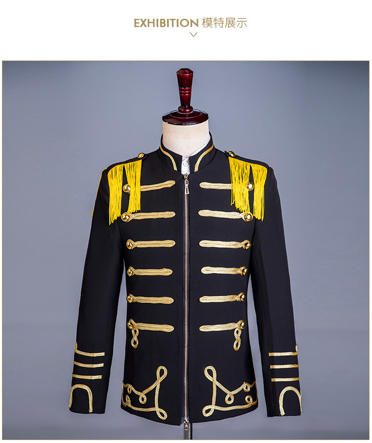 男士黑色拉链黄流苏欧洲宫廷男装夜店镶金演出服军装舞蹈表演礼服