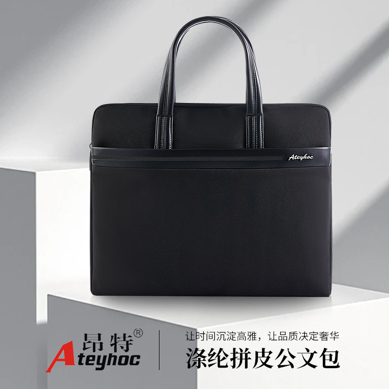 New Polyester Leather Patchwork Briefcase Zipper Large Capacity Men‘s Handbag Business Information Bag Office Computer Bag