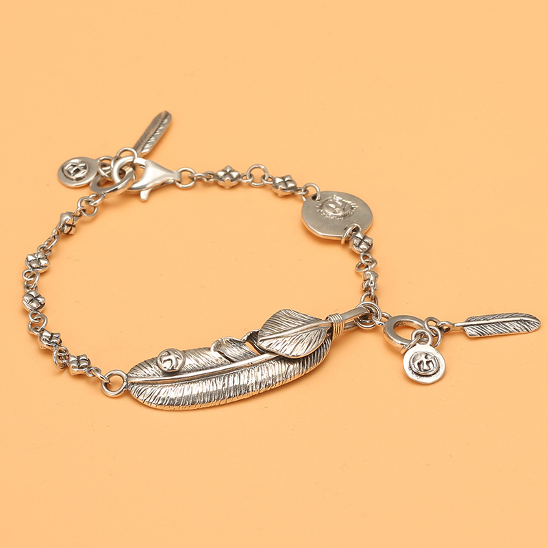 s925银韩版时尚goros手链泰银高桥吾郎羽毛手饰流苏日系ins气质女