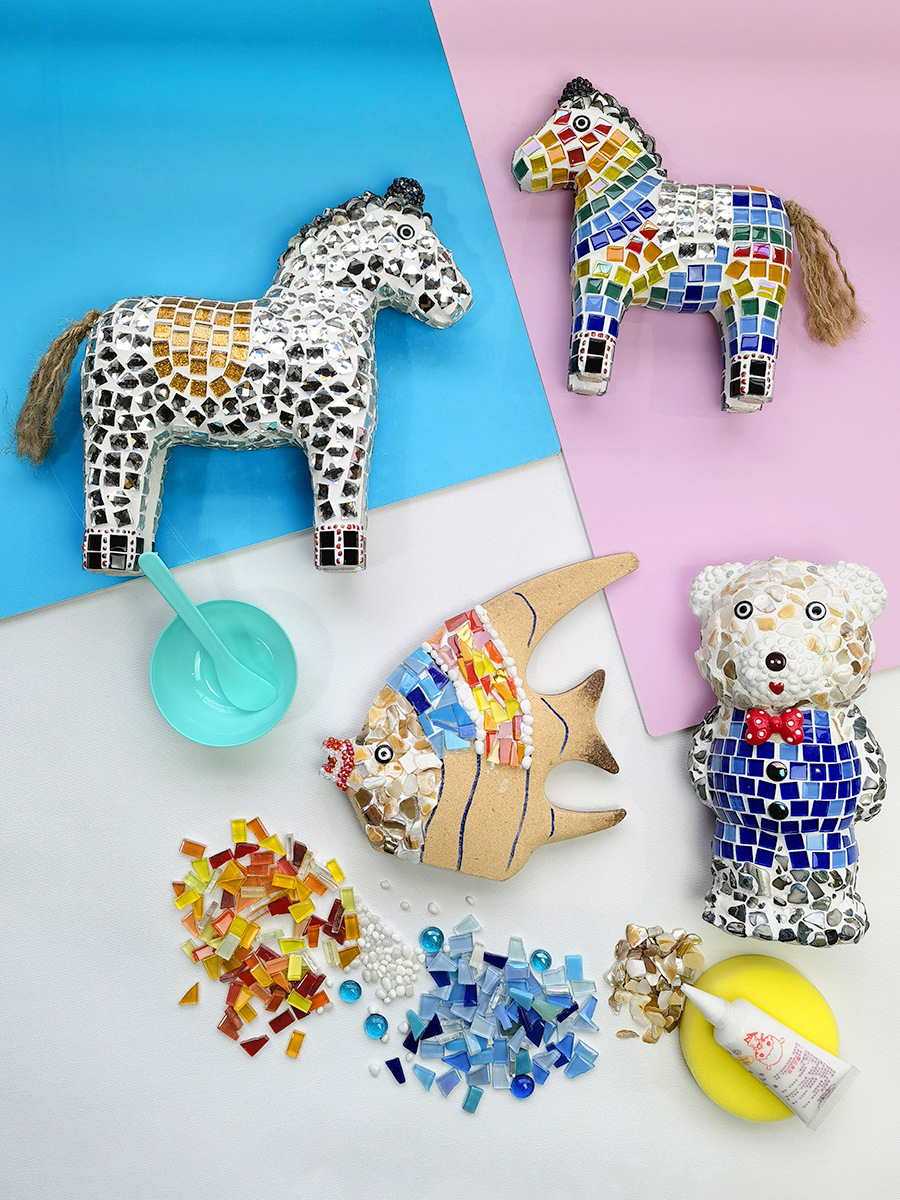 手工小动物马赛克diy材料包 鱼马猫亲子创作创意摆件粘贴儿童玩具