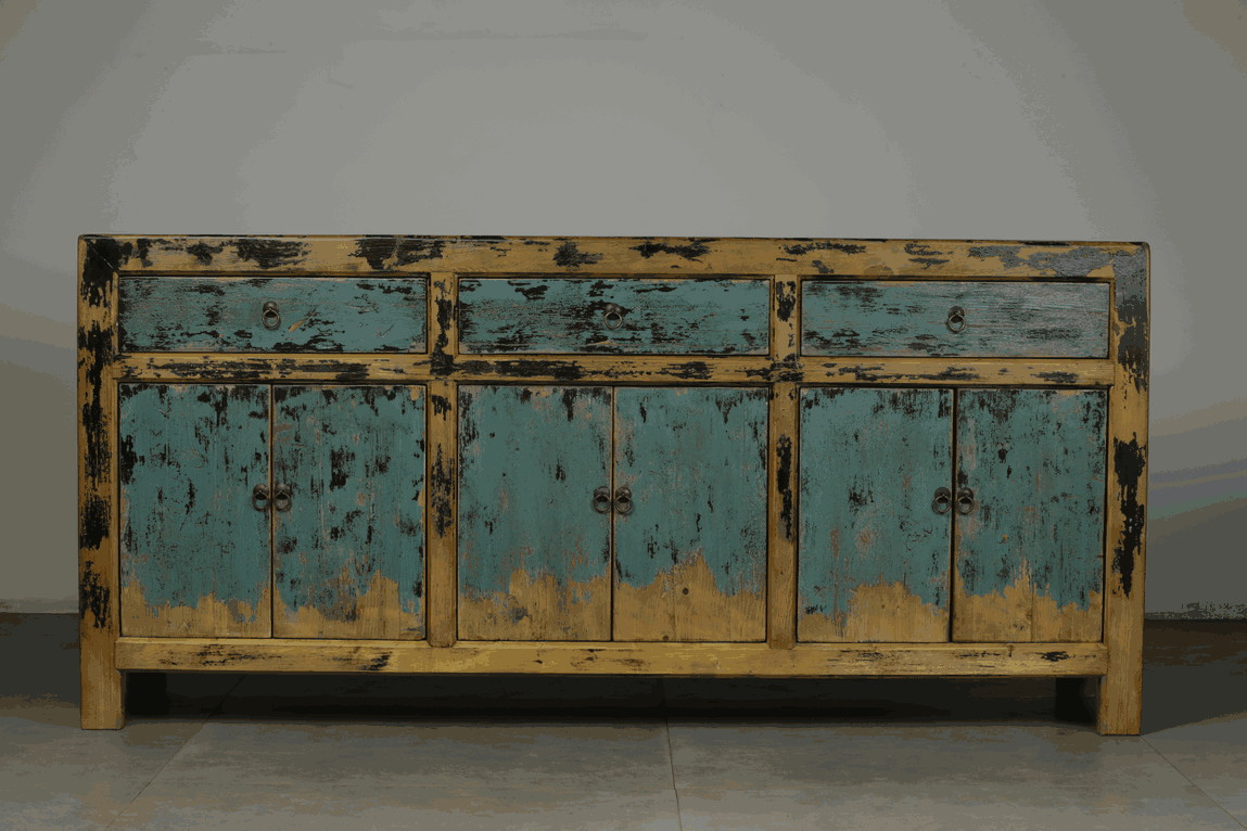 彩漆做旧工艺实木餐边柜 古朴中国风民宿家具老松木六门三抽柜