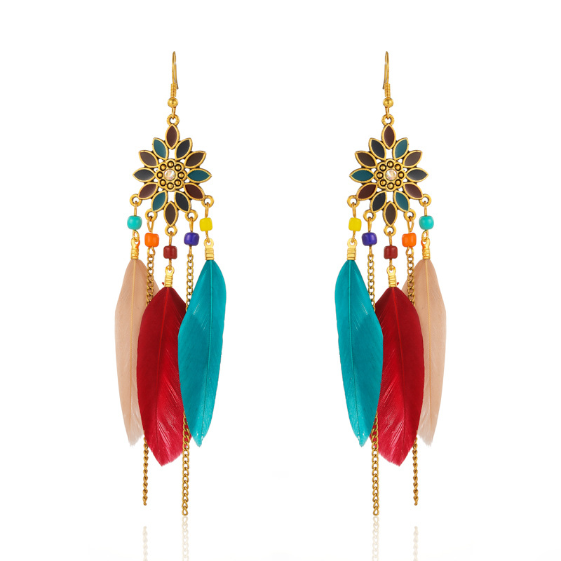 Daisy New Yunnan Feather Earrings Jewelry Long Chain Bead Earrings Ethnic Style Holiday Street Snap Earrings
