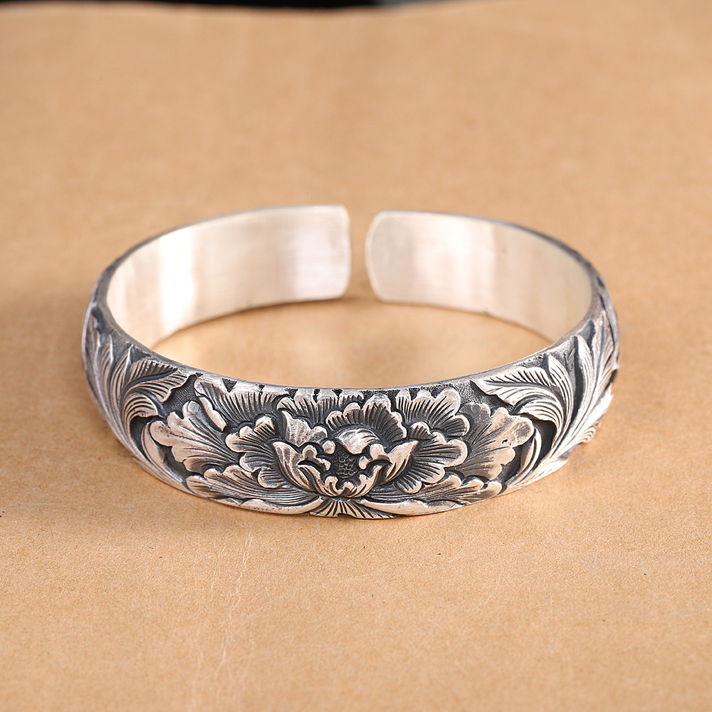 0成交0件一打珠宝 泰银999时尚复古浮雕几何图案女式开口手镯源头厂商