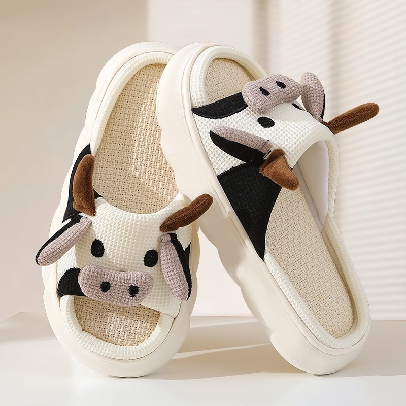 Cross-Border Wholesale Linen Slippers Summer Women's Cow Indoor Non-Slip Deodorant Slip-on Thick-Soled Sandals