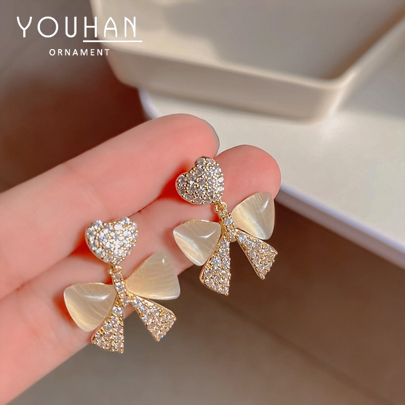 2023 New Trendy Elegant Stud Earrings for Women Sterling Silver Needle High Sense Opal Earrings Internet Celebrity Bow Eardrops