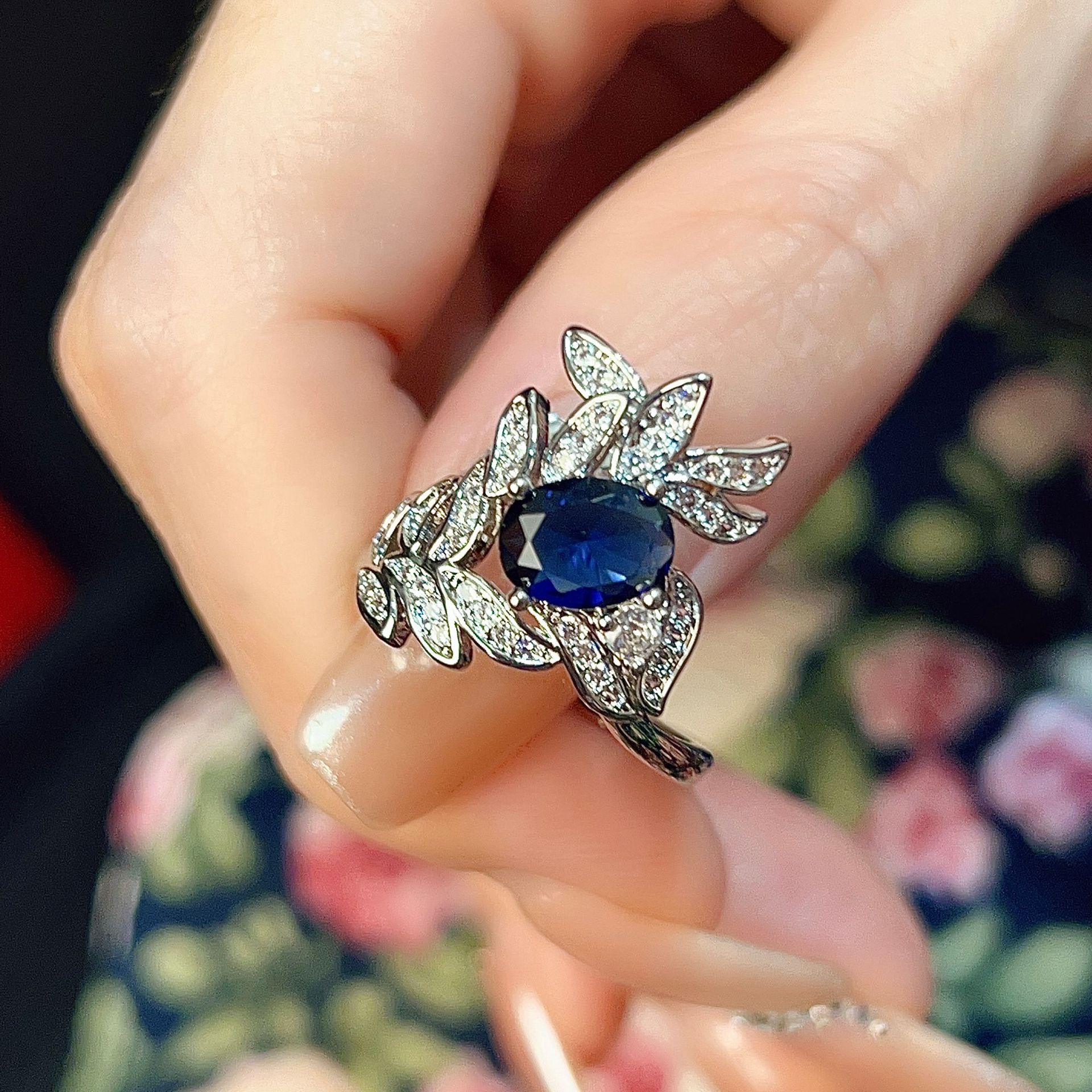 彩宝稻穗设计轻奢高级感蓝宝石戒指女开口大气百搭优雅网红食指环