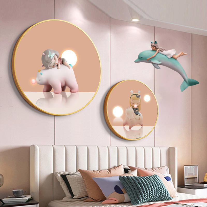 儿童房装饰画粉色卡通公主房女孩卧室床头挂画房间背景墙画圆形画