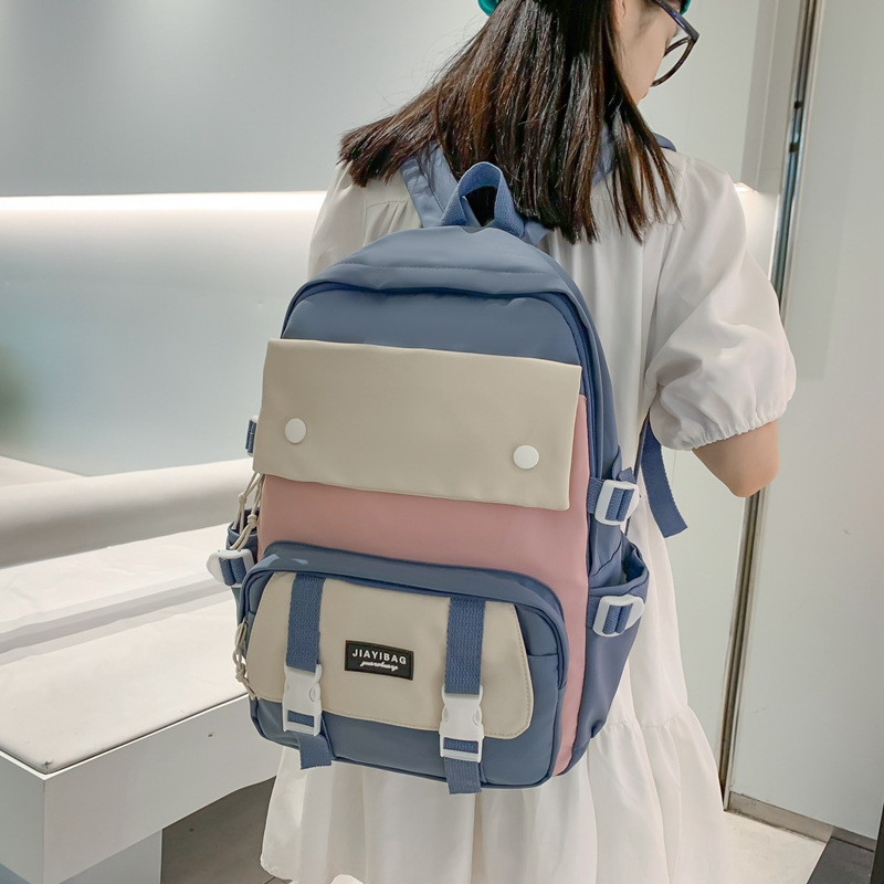 2022 Summer New Fashion Simple Color Matching Mortise Lock Nylon Cloth Shoulder Street Fashion Men and Women Large-Capacity Backpack