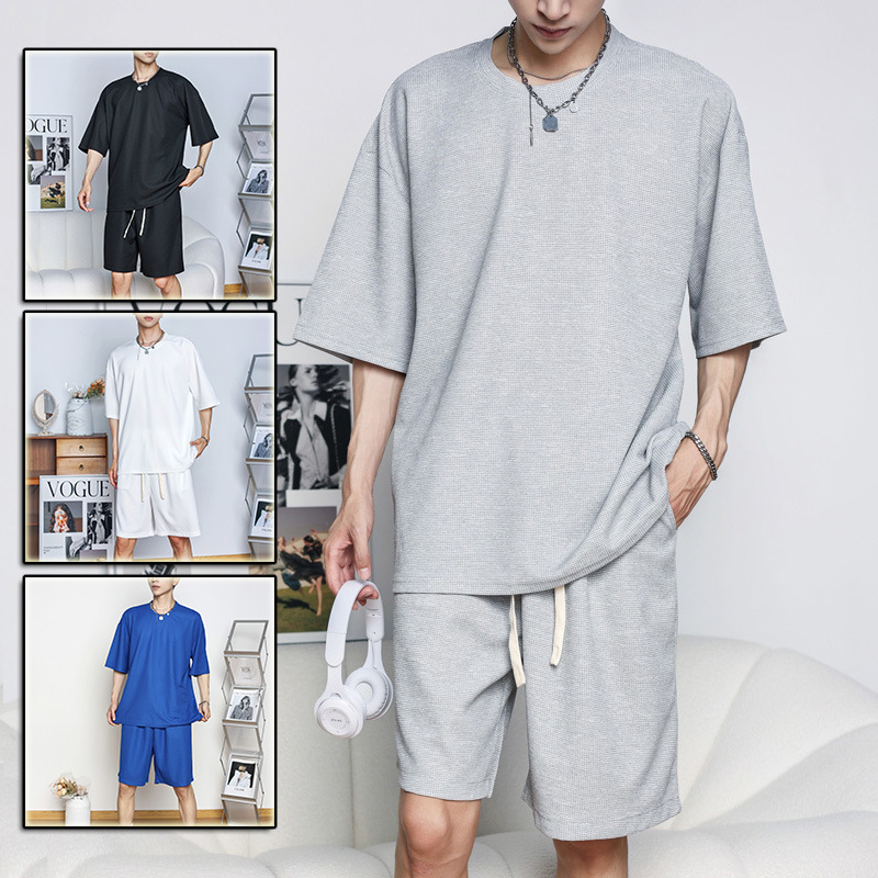 Waffle Short Sleeve Suit Men's Summer European and American Style Heavy Weight Solid Color Light Board Half Sleeve T-shirt Two-Piece Men's Clothing