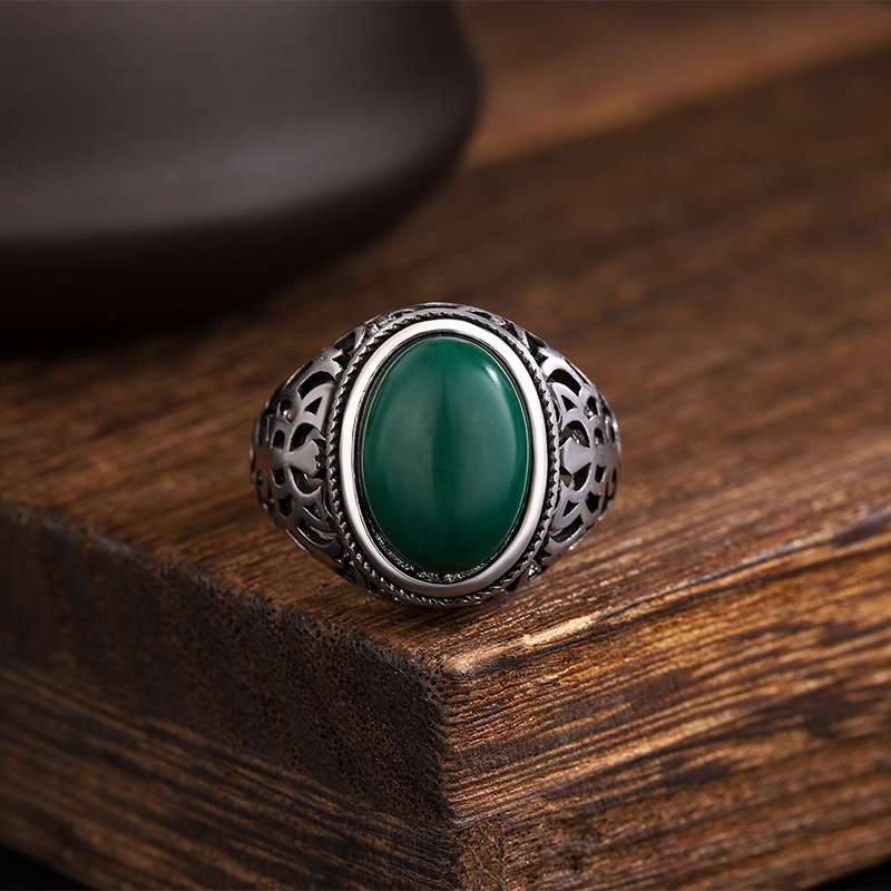 复古泰银色蛋面彩宝指环s925纯银镶嵌天然孔雀石轻奢戒指男女款