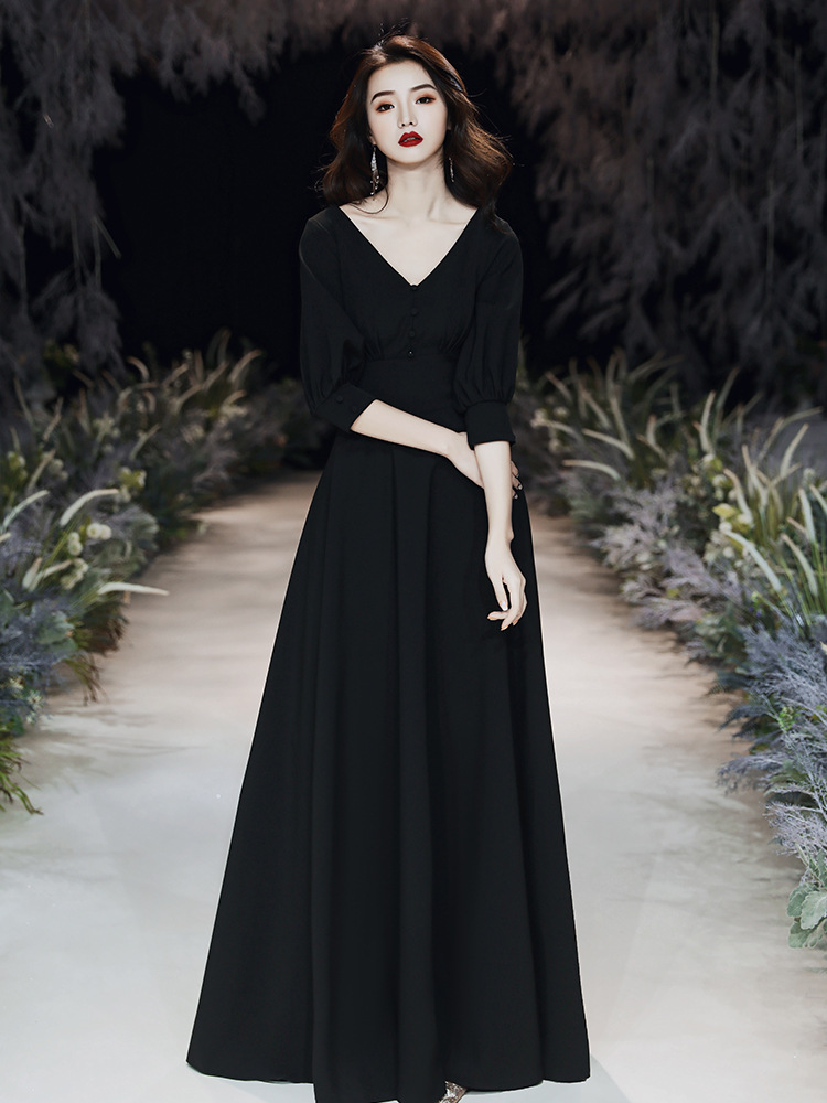黑色长袖晚礼服裙女2021新款冬气质长款艺考主持年会演出宴会