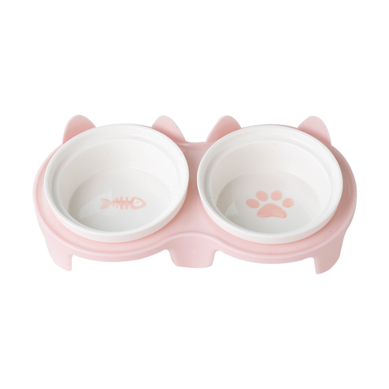 Cat Bowl Ceramic Double Bowl Water Bowl Protective Cervical Spine High Foot Oblique Cat Food Bowl Drinking Bowl Pet Bowl Pet Supplies