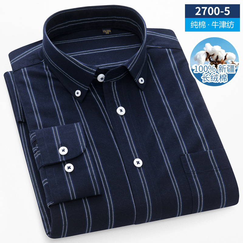 New Spring and Autumn Oxford Cotton Long-Sleeved Shirt Men's Casual Business Striped Plaid plus Size Shirt Wholesale