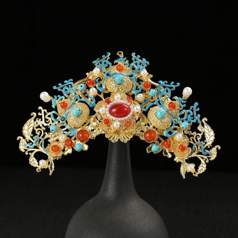 2024新款凤冠新娘蓝色秀禾头饰明制汉服中式大气结婚秀禾服女