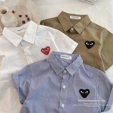 2024夏季新款儿童短袖男女童纯色爱心贴标衬衫宝宝条纹短袖衬衫