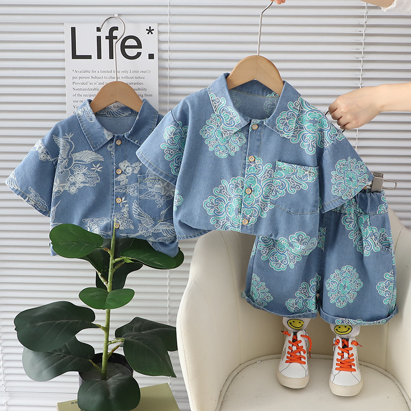 2024 Summer New Shirt Boys' Denim Short Sleeve Suit Children's Clothing Children's Workwear Casual Pants Shirt Two-Piece Set