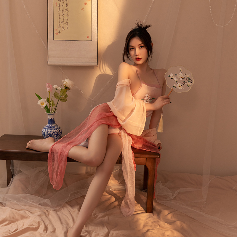 National Fashion Antique Embroidery Sexy Lingerie See-through Passion Temptation Bed Hanfu No Undressing Apron Pajamas Suit