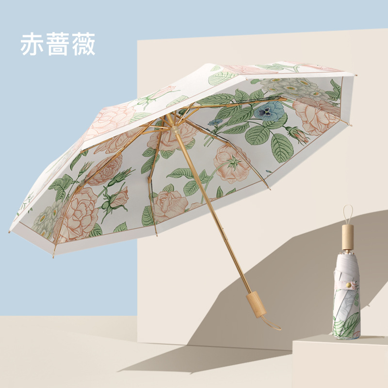 New Hand Open Two-Color Double-Sided Vinyl Floral Umbrella Three Fold Parasol Retro Sunny and Rainy Dual-Use