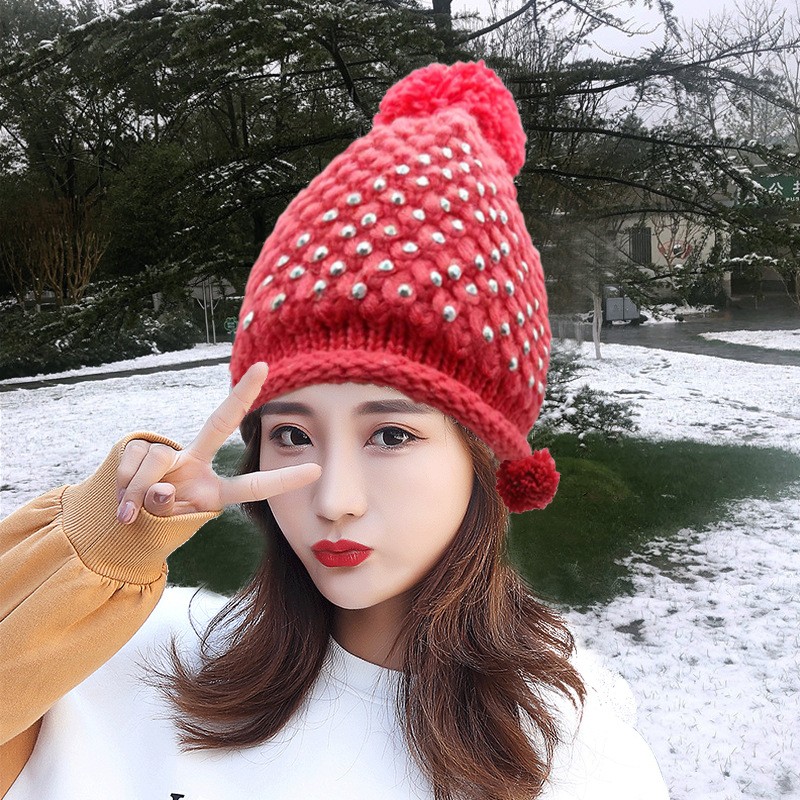 冬季毛线帽子女 韩版时尚百搭ins钻石加厚护耳骑车防风保暖针织帽