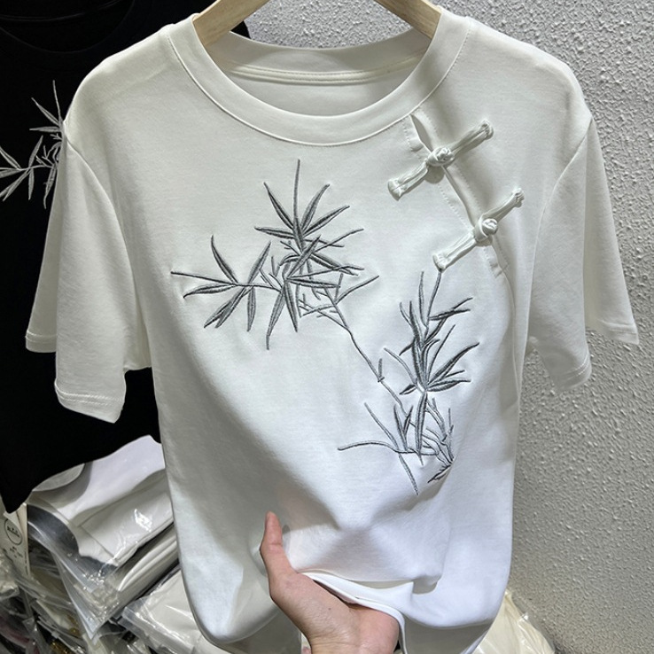 中国风盘扣竹叶重工刺绣短袖t恤女24夏季新款设计感中式圆领上衣
