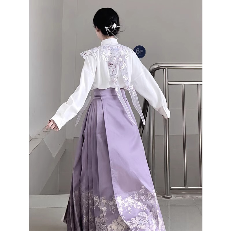 New Chinese Style Printed Improved Horse-Face Skirt Skirt Women's Spring Purple High Waist Slimming Large Hem Pleated Dress
