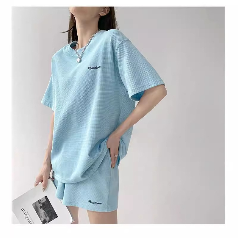 Waffle Loose Sports Style Short-Sleeved Shorts Two-Piece Women's Summer Thin round Neck T-shirt Casual Hot Pants Suit