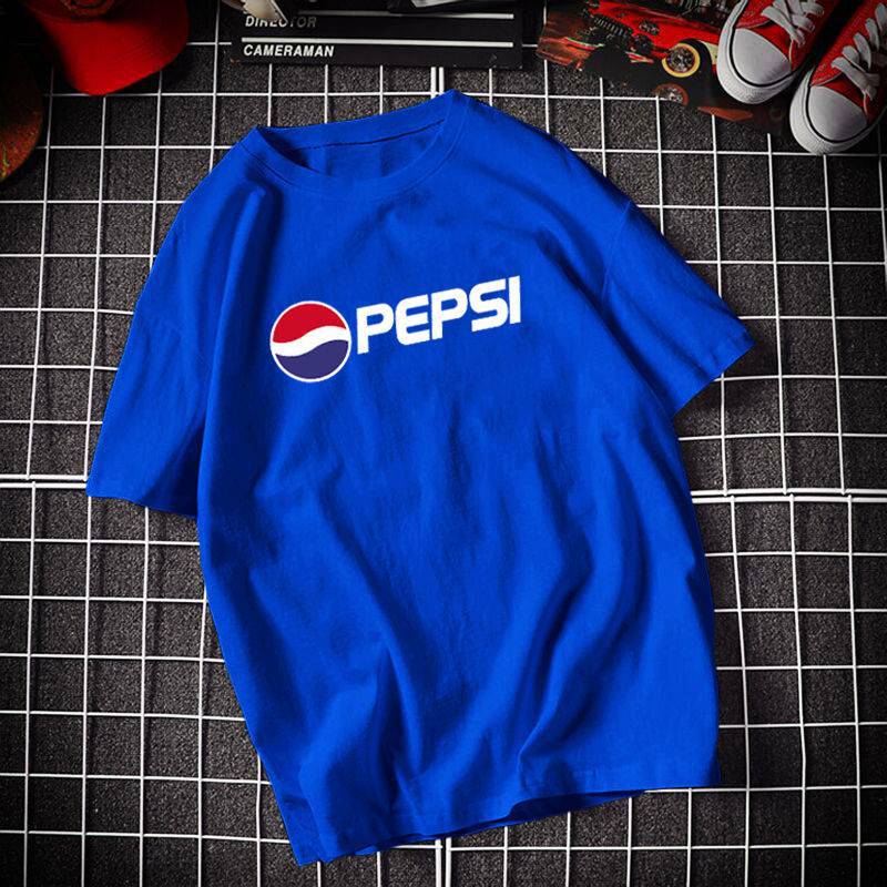 100%纯棉明星同款百事可乐蓝色短袖t恤ins宽松学生男女情侣班服潮