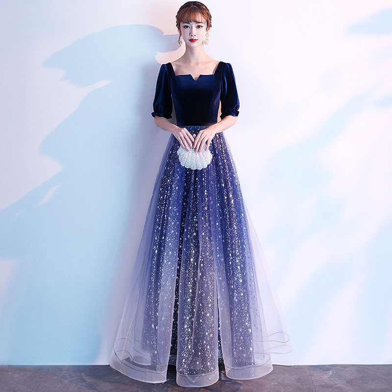 蓝色晚礼服女宴会气质名媛公主风主持舞台演出星空连衣裙平时可穿
