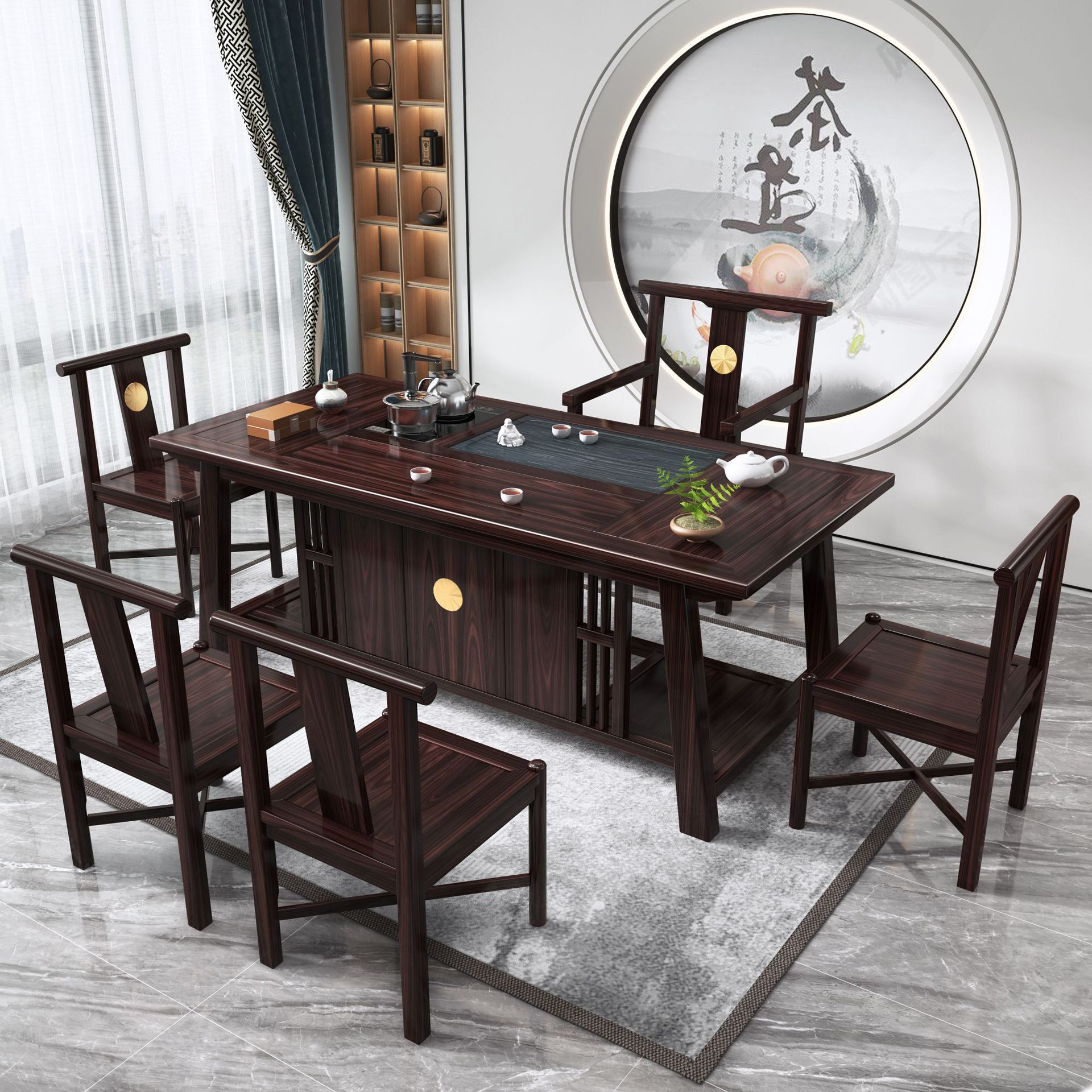 新中式檀木茶桌办公室实木茶桌椅组合红木茶台家用阳台功夫泡茶桌