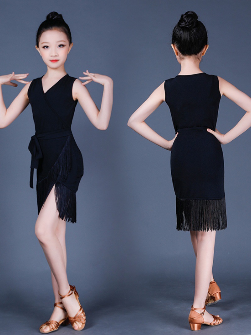 儿童拉丁舞服女童练功服少儿比赛舞蹈裙夏流苏新款规定拉丁演出服