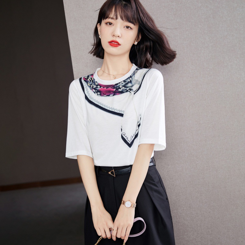 高级设计感丝巾领t恤针织衫女夏装新款时尚洋气百搭半袖时髦上衣