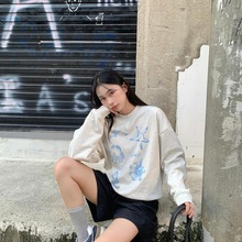 圆领卫衣女装加绒加厚美式复古性感无帽上衣服印花学生甜美清新薄