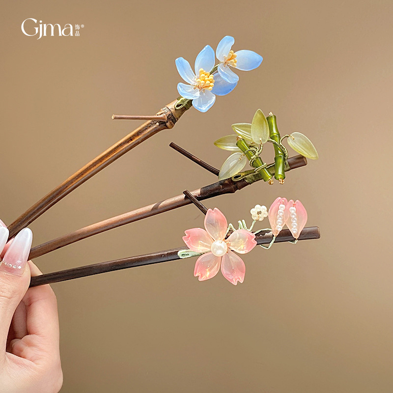 New Chinese Style Sweet Flowers Bamboo Bamboo Leaves Wooden Hair Clasp Hairpin Ancient Style Updo Hair Clasp Stylish Hair Accessories Wholesale Female