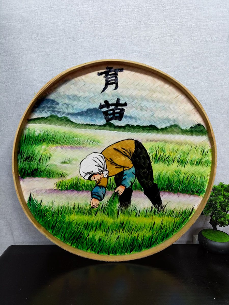 批发手绘竹编簸箕画农家乐装饰农耕美丽乡村振兴田园墙面墙壁挂饰