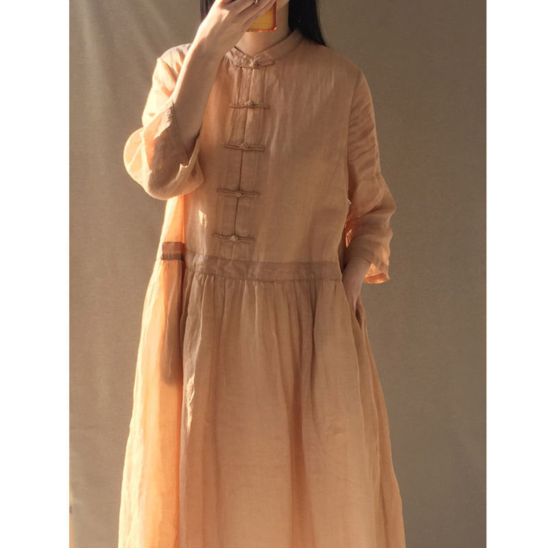 Chinese Button Knots Ramie Loose Dress for Women 2023 Summer New Retro Artistic High Waist Robe Republic of China Style for Women