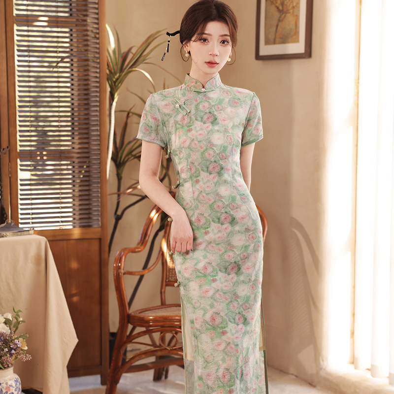 春夏2024新款优雅气质丝麻八扣复古旗袍 私服名媛风老上海旗袍裙